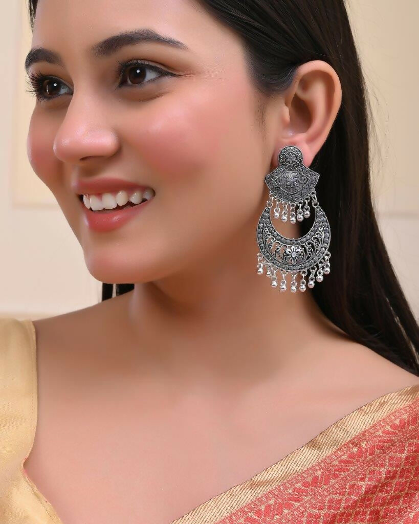 VOJ Silver Plated Oxidized Chandbali Earrings