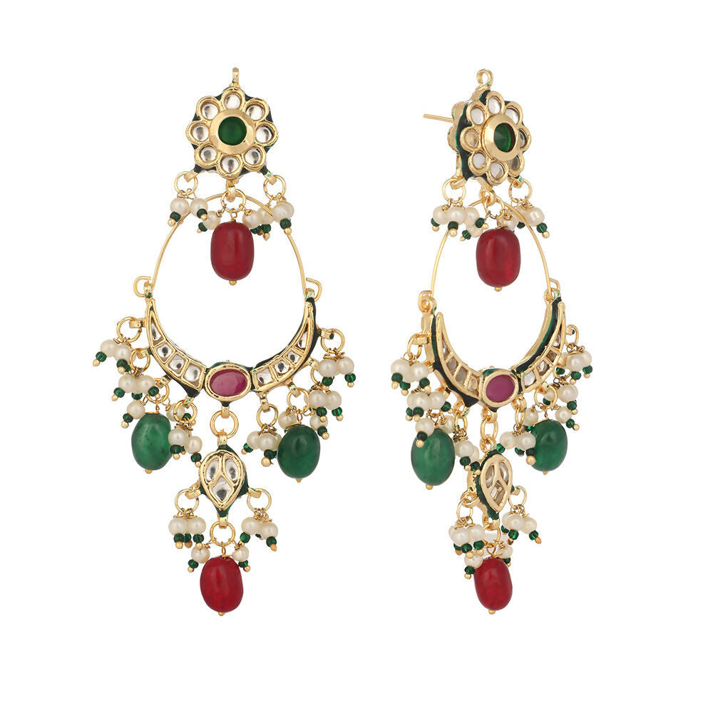 Nuyug 22K Gold Plated Crescent Kundan Drop Green Stone Chandbali Earrings