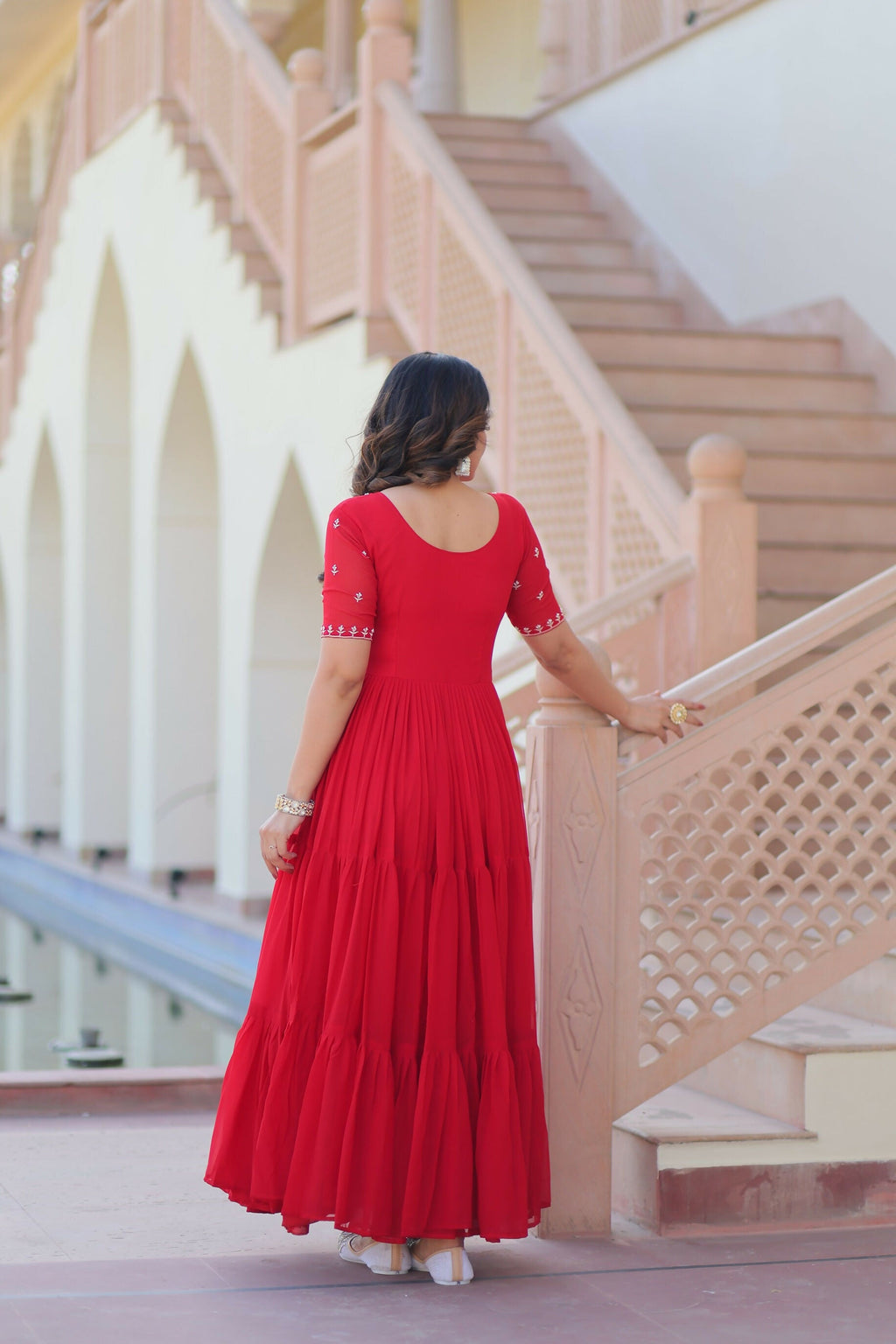 Joban Fashion Red Georgette Sequence Embroidery Work Gown