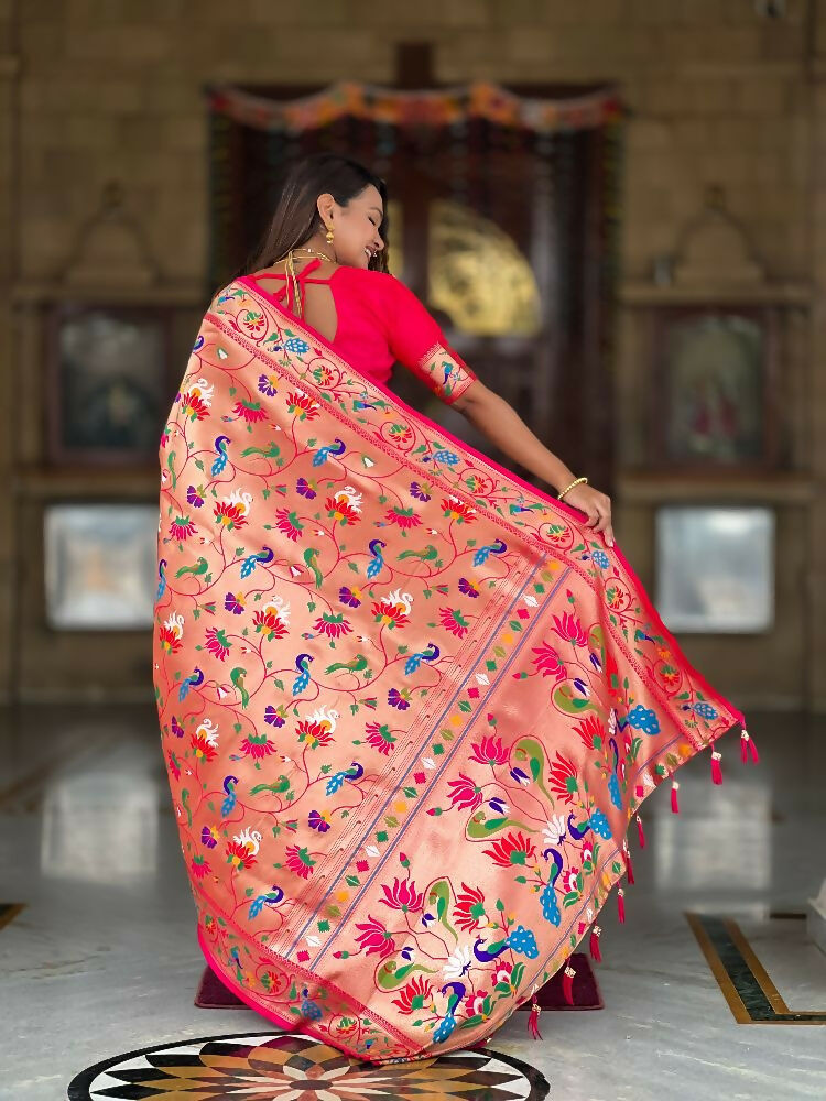 PR Fashion Pink Oft Kanjivaram Paithani Silk With Zari Weaving Meenakari Design Saree