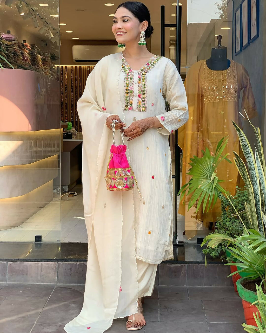 The52 Off White Women's Gorgeous Chinon Fabric Embroidered Work Straight Kurta Pant and Dupatta Set