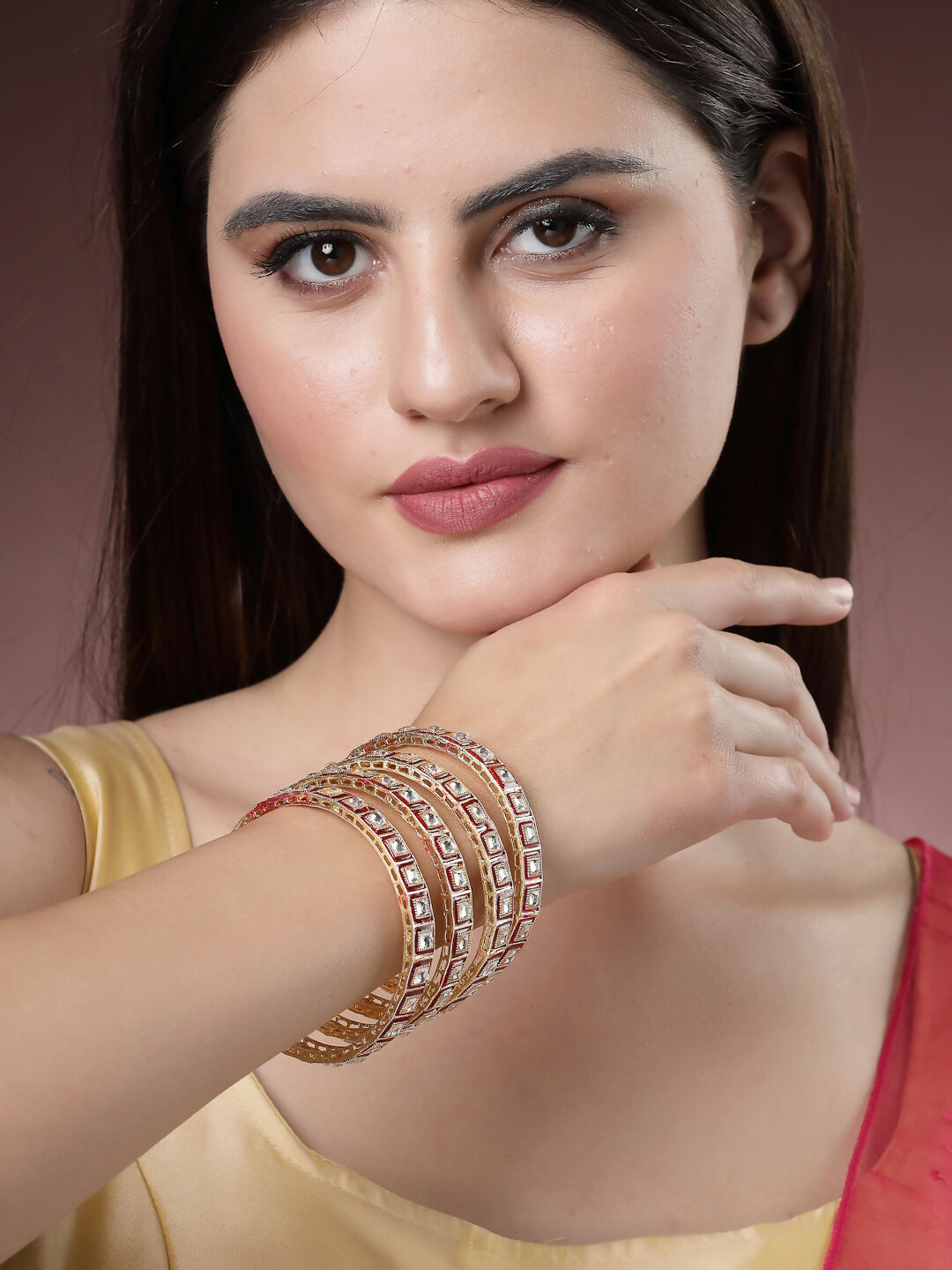 NVR Women's Set Of 4 Gold-Polished Red Kundan-Studded Traditional Bangles