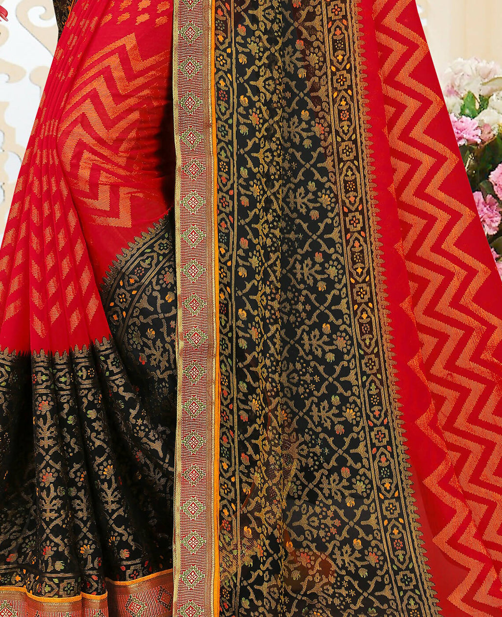 Red & Black Chiffon Brasso Printed Saree With Unstitched Blouse Piece - Jyoti