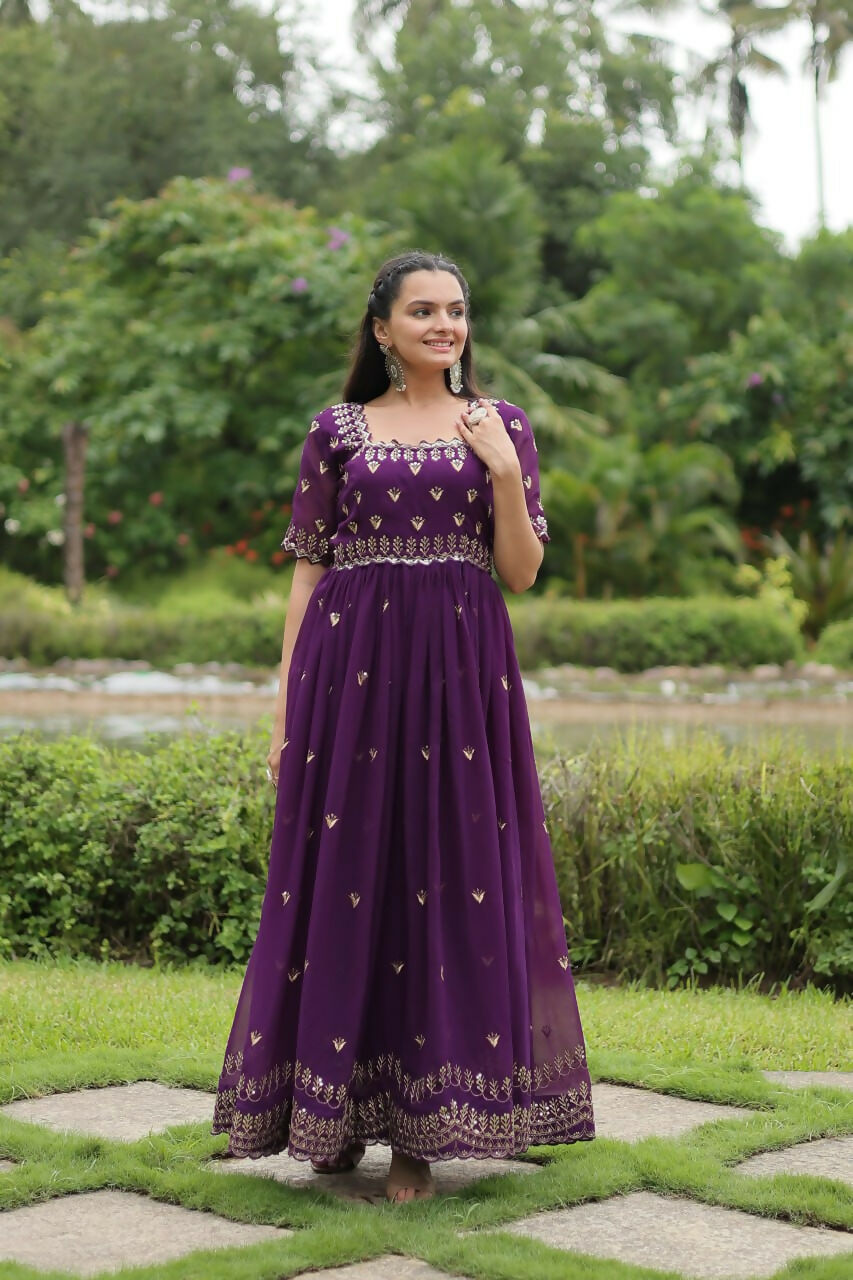 Vastranavya Premium Designer Faux Blooming with Embroidery Zari Sequins work Gown - Purple