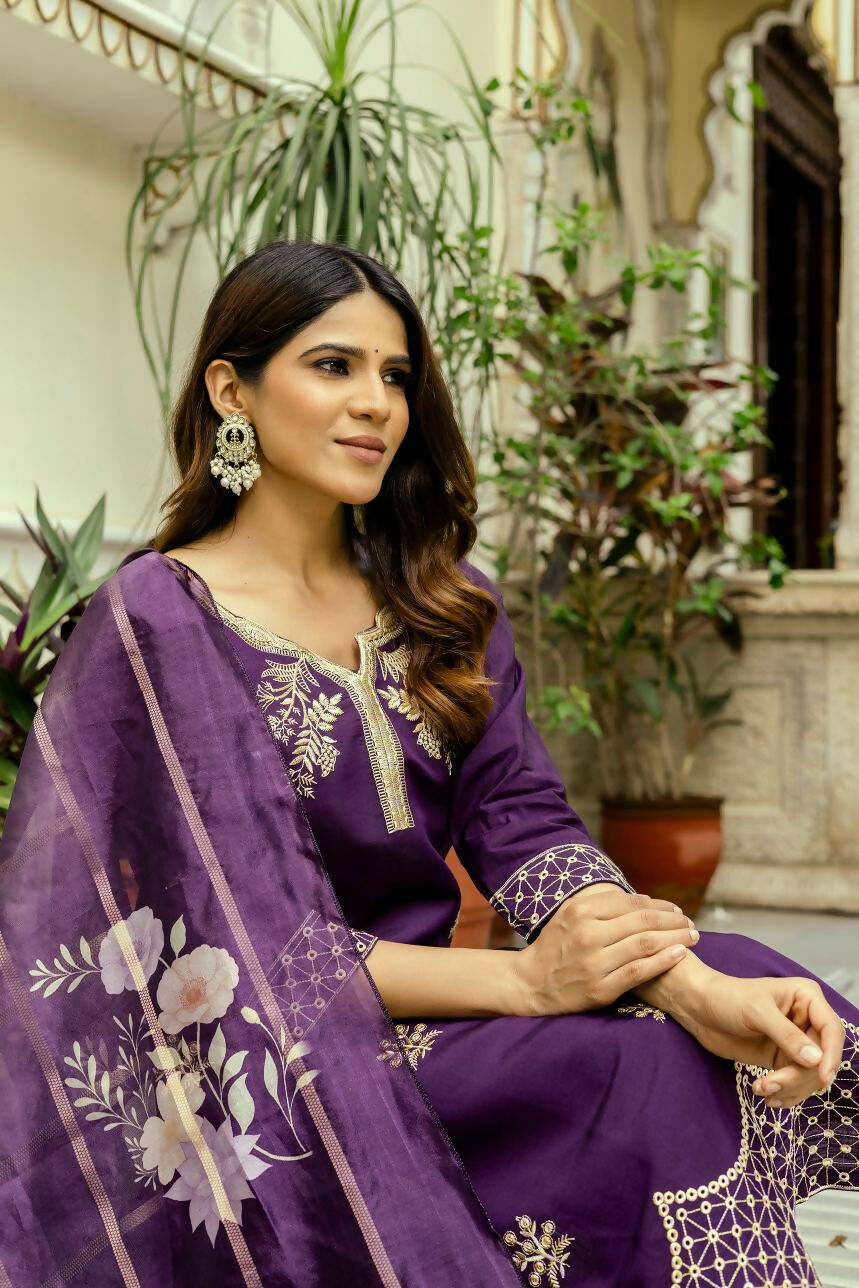 The52 Wine Women's Beautiful Viscose Chanderi Fabric Thread Work Straight Kurta Pant and Dupatta Set
