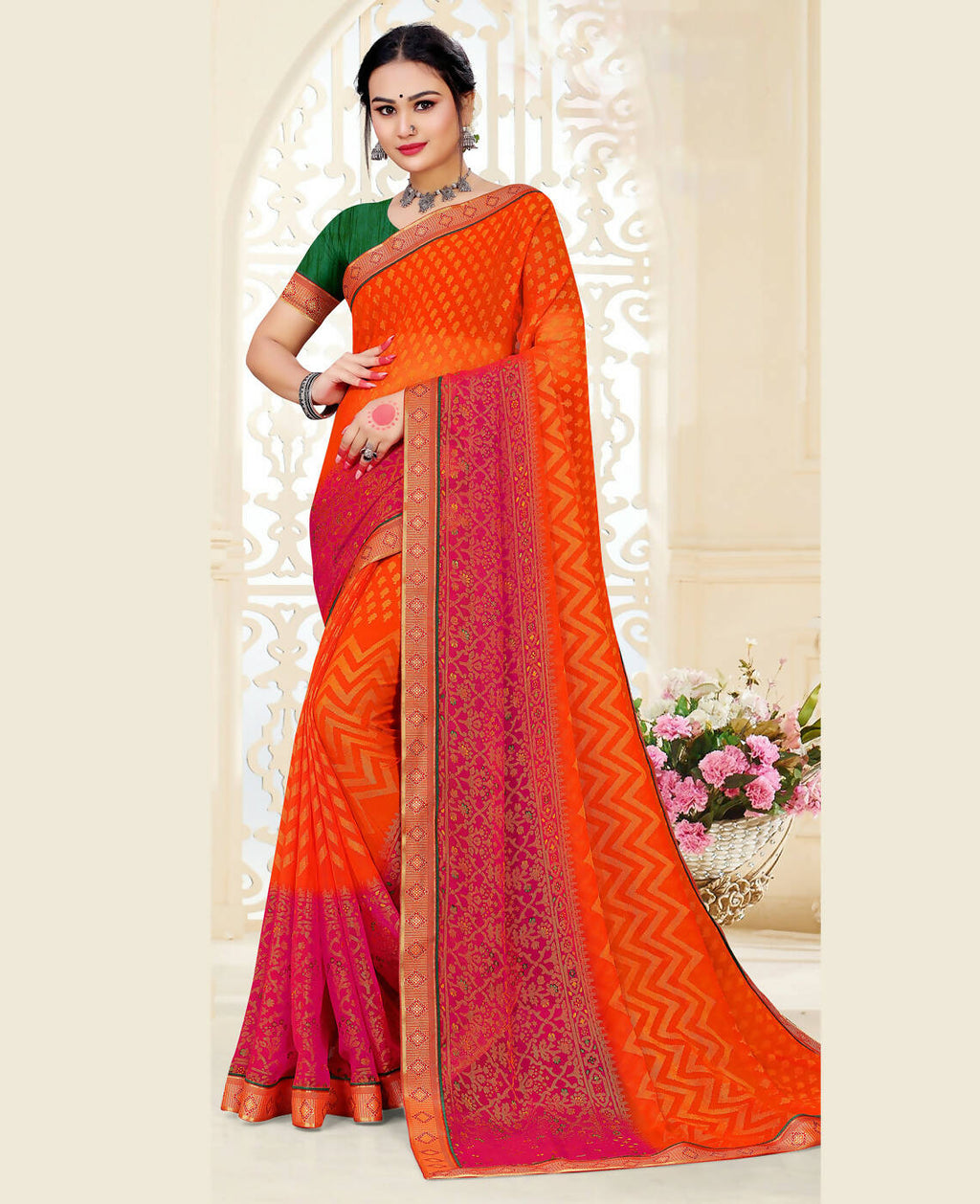 Orange & Pink Chiffon Brasso Printed Saree With Unstitched Blouse Piece - Jyoti