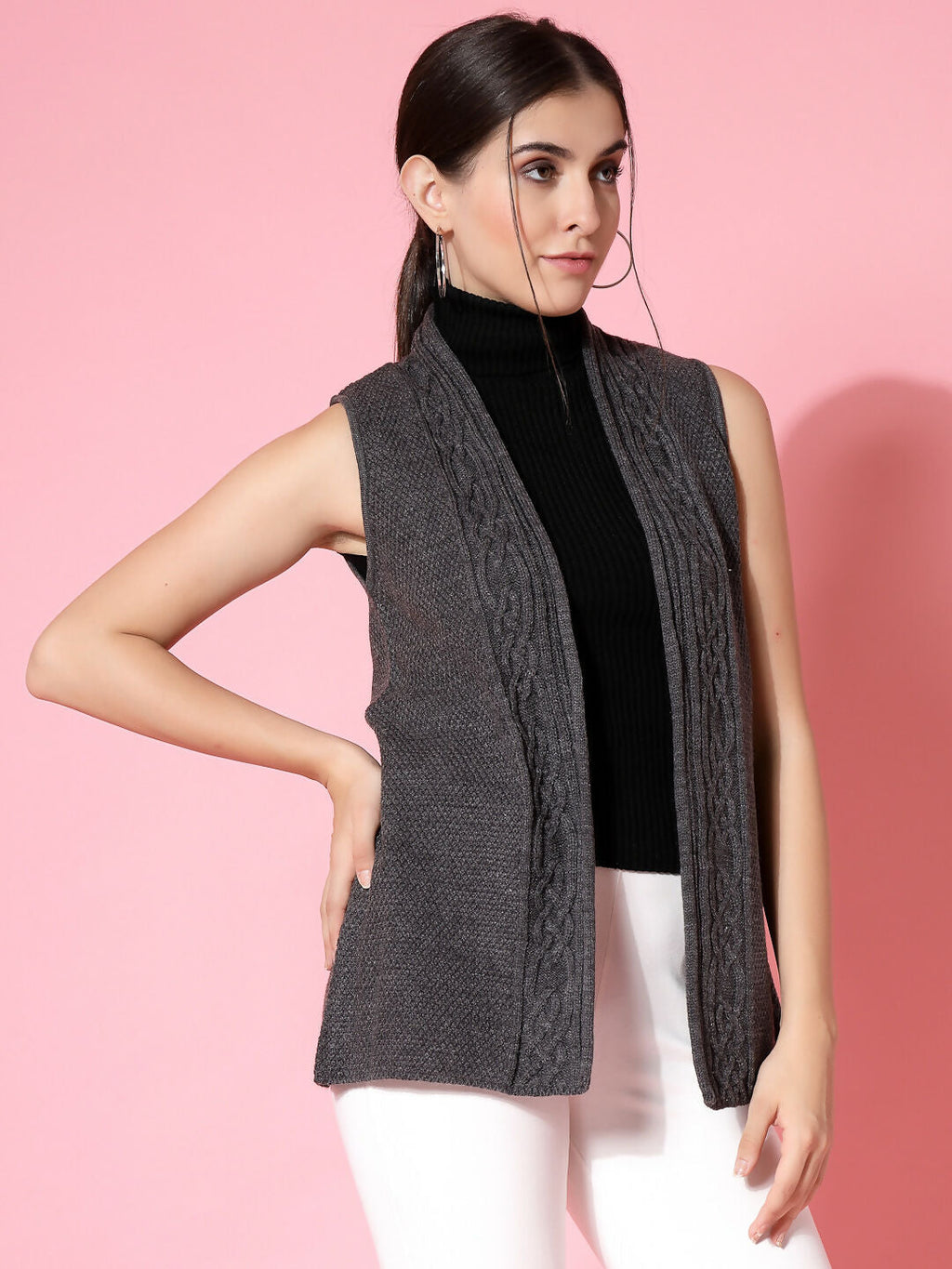 Women Charcoal Acrylic Self Design Winter Cardigan - Wool Trees