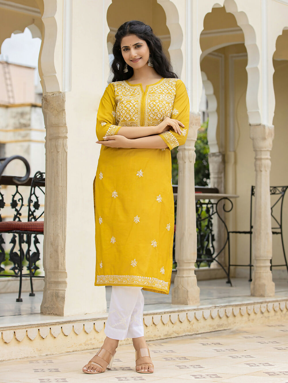 Kaajh Women's Mustard Chikhankari Embroidered Kurta Pant Set