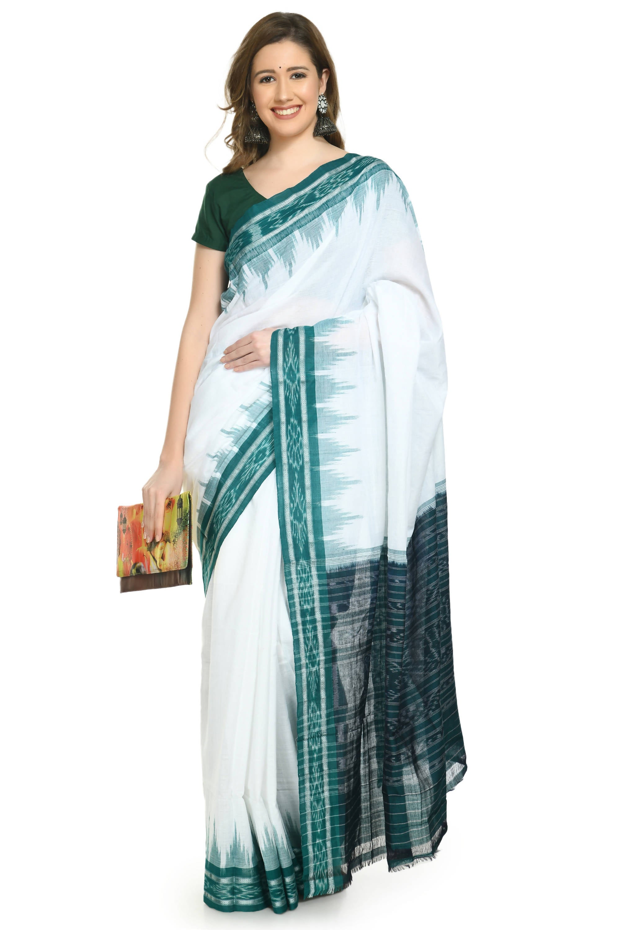 Vamika Sambalpuri Ikat Cotton Plane Kunbha White & Green Saree