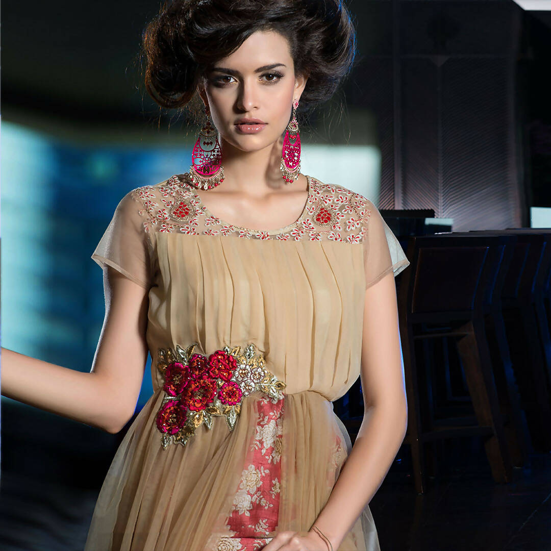 Beige Net Floral Embroidered A-line Kurti - Missy