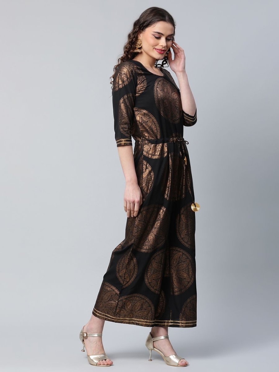 Ahalyaa Womens Black Crepe Copper Foil Printed Jumpsuit