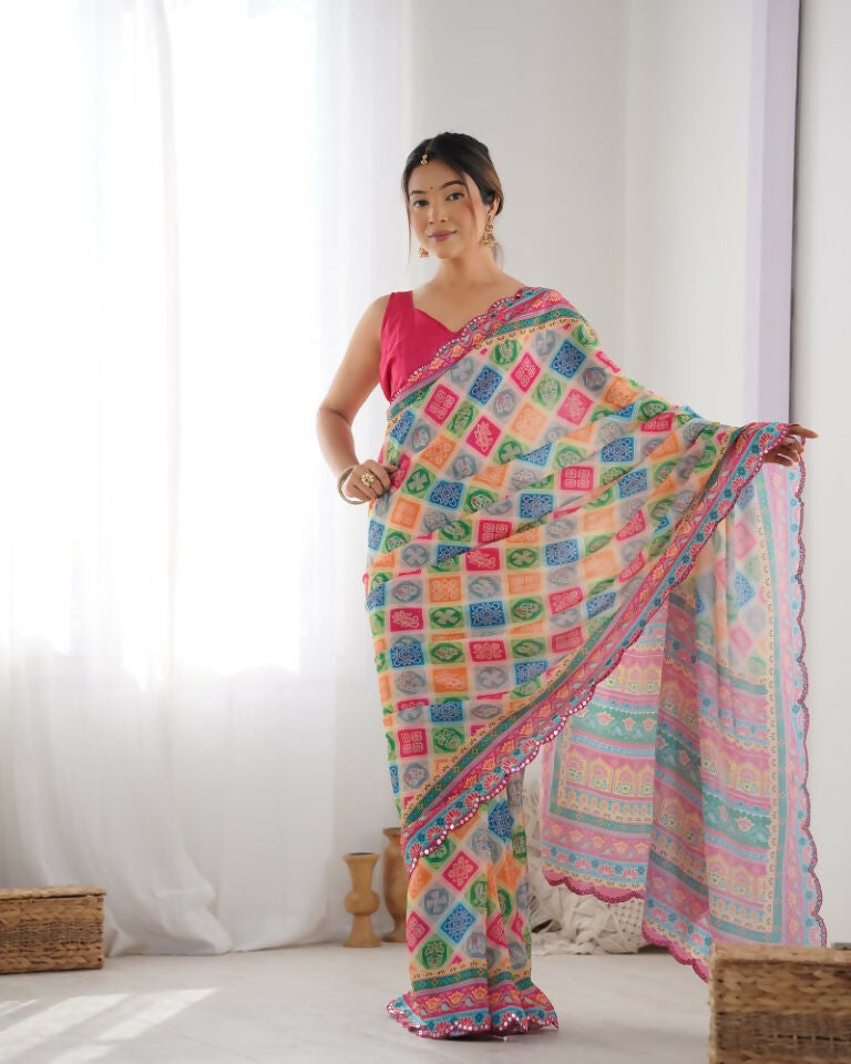 Multy Chinon Designer Digital Printed & Mirror Cut Work Saree - Kriti