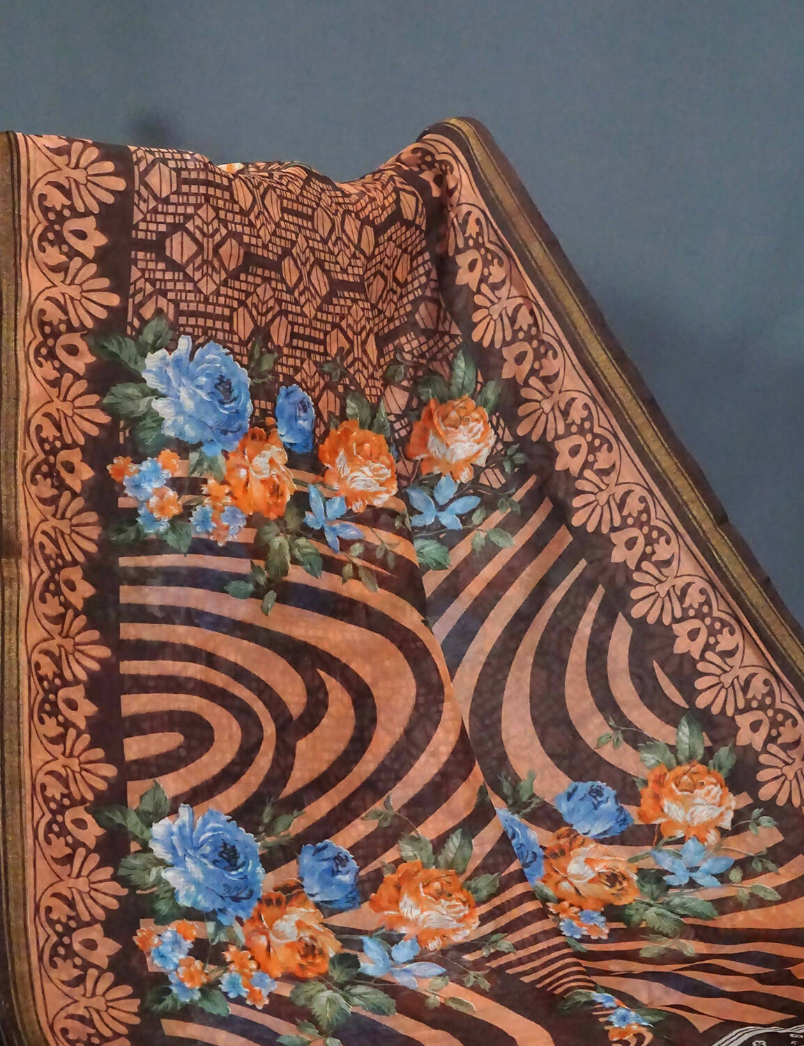 Shades Of Dark Coffee Brown With Floral Design Semi Chanderi Saree By Gayathri Reddy Designer Studio