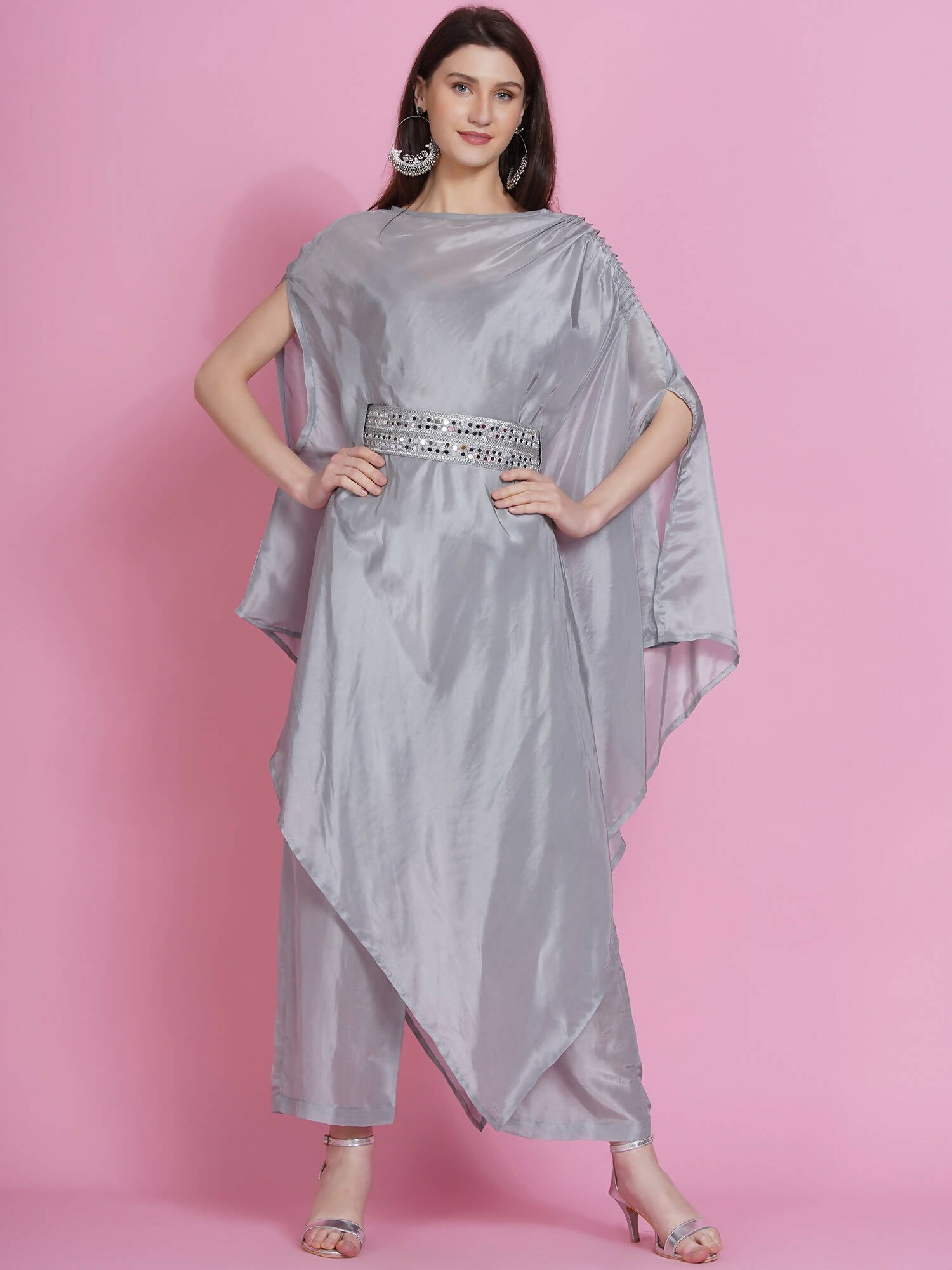 Women Republic Grey Opara Silk Kurta With Belt And Palazzo