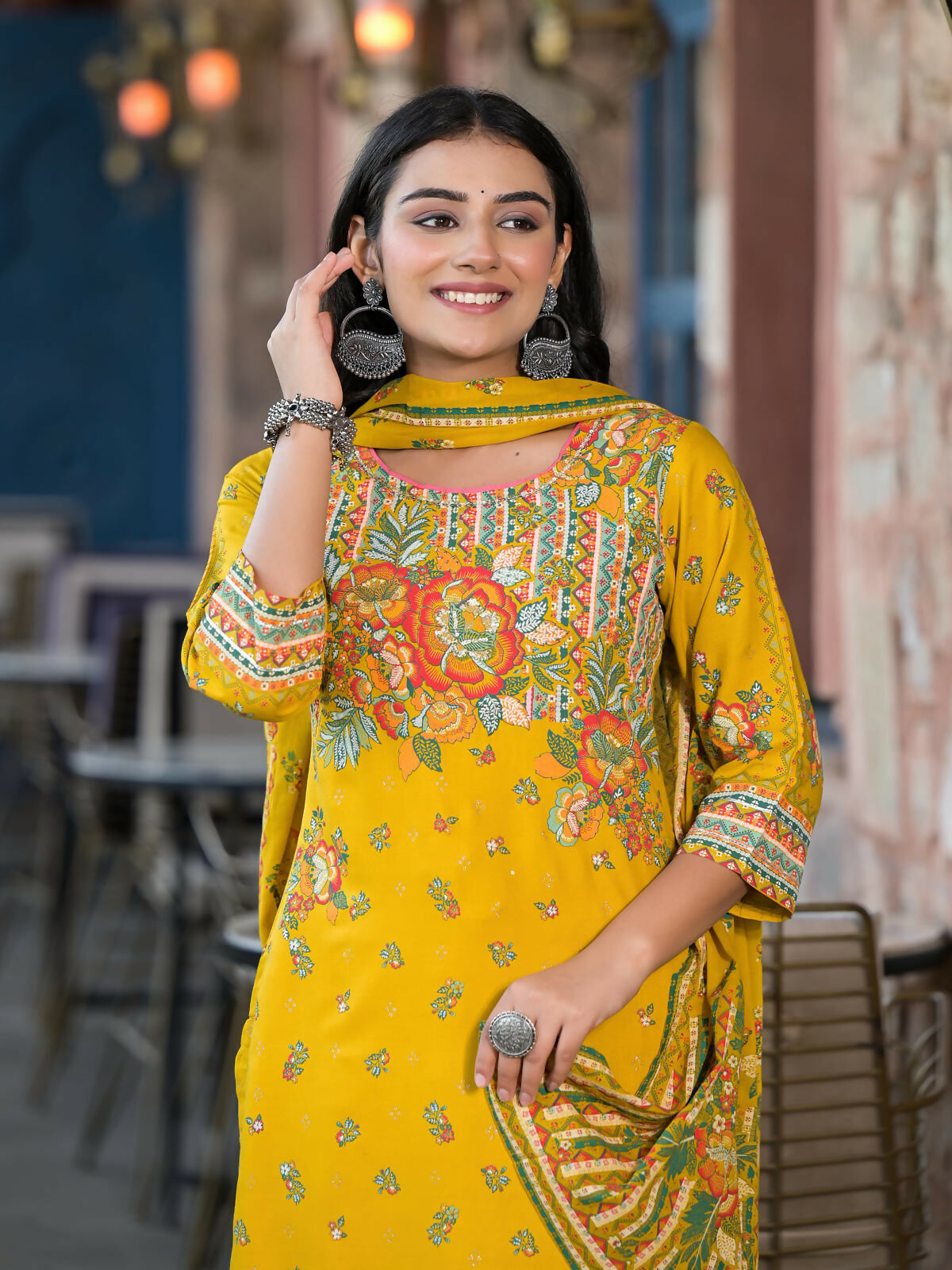 Juniper Women's Mustard Floral Printed Liva Rayon Kurta Pant And Dupatta Set With Sequins