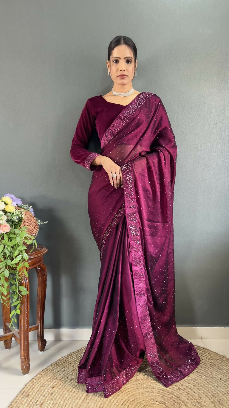 Vastranavya Wine Rangoli Silk Swarovski work Ready to Wear Saree