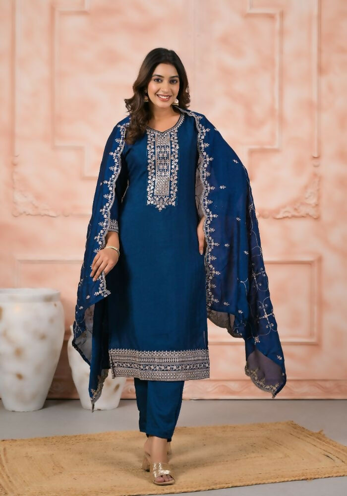 Ethnic Festive Wear Slik Petrol Stitched Suit With Dupatta - Anbazaar