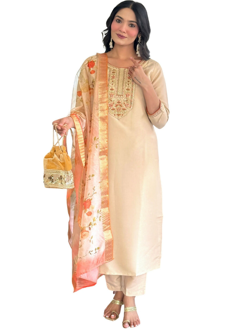 The52 Chiku Women's Beautiful Rayon Fabric Embroidered Work Straight Kurta Pant and Dupatta Set