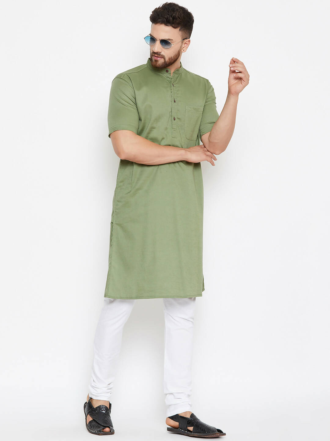 Even Apparels Green Color Pure Cotton Men's Kurta With Band Collar