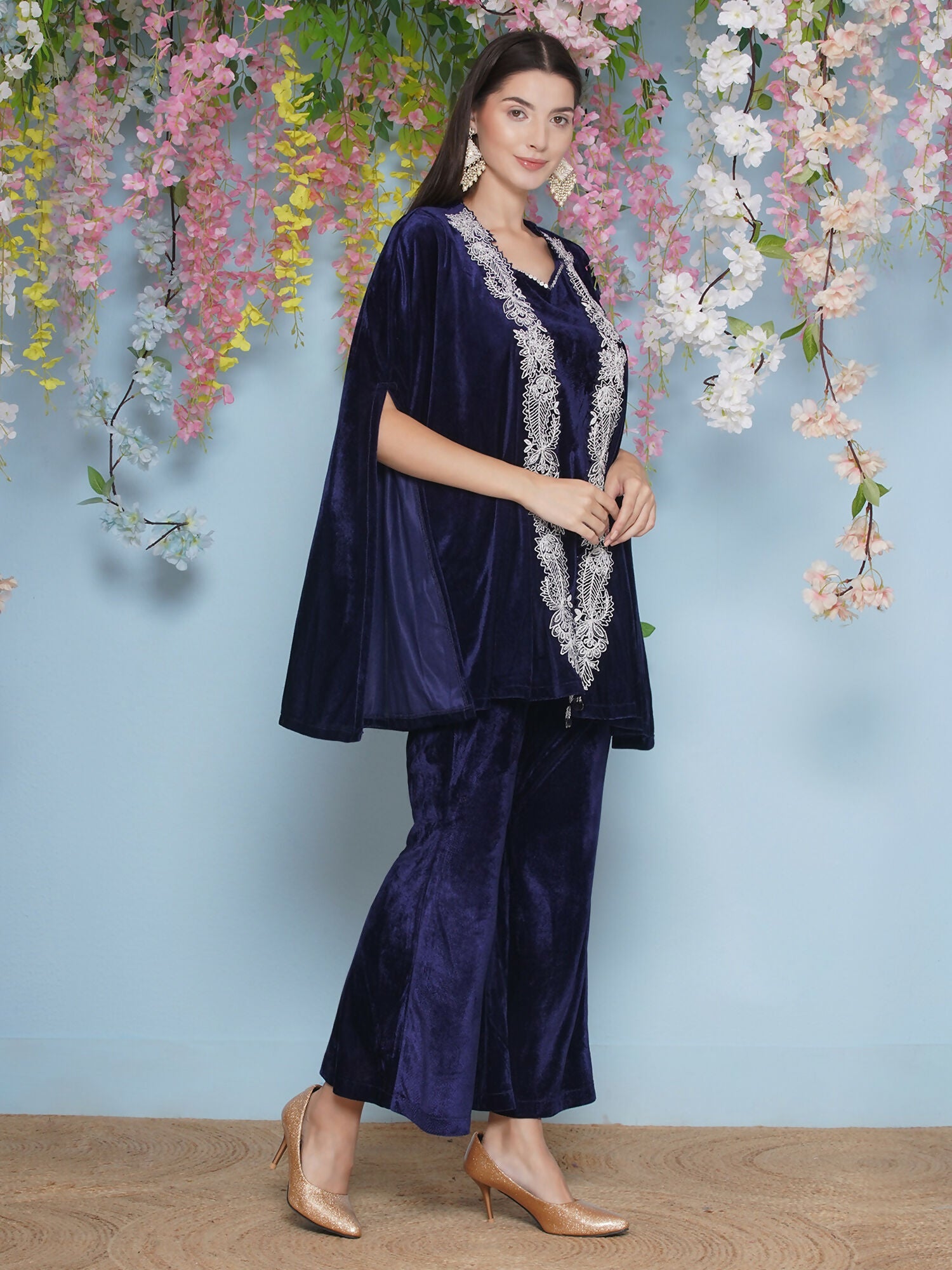 Joban Fashion Navy Blue Velvet Cape Set