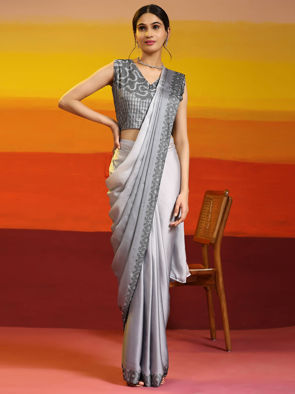 Grey Ombre Satin Georgette Plain Ready to wear Saree with stitched Blouse - Vrinda