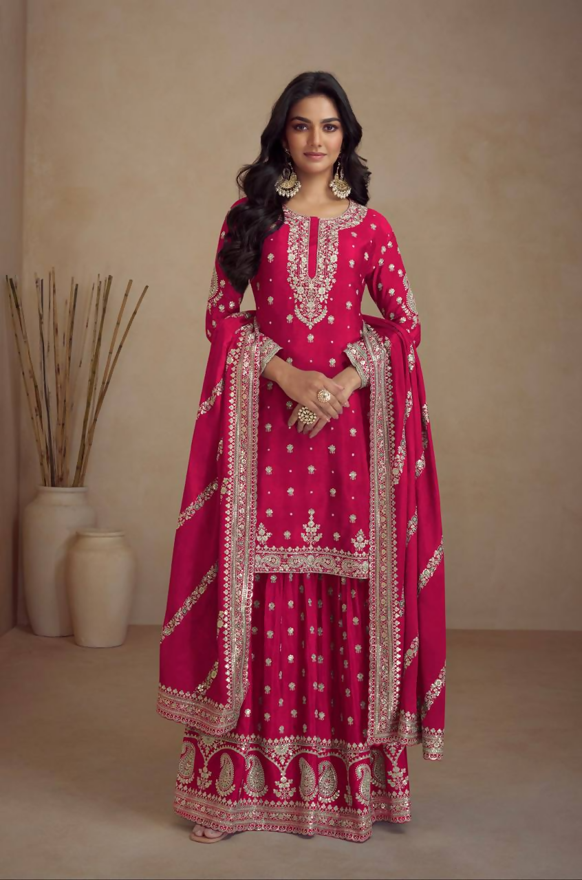 Lorenvalley Fashion Pink Chinon Embroidery With Sequince Work Salwar Kameez Stitched