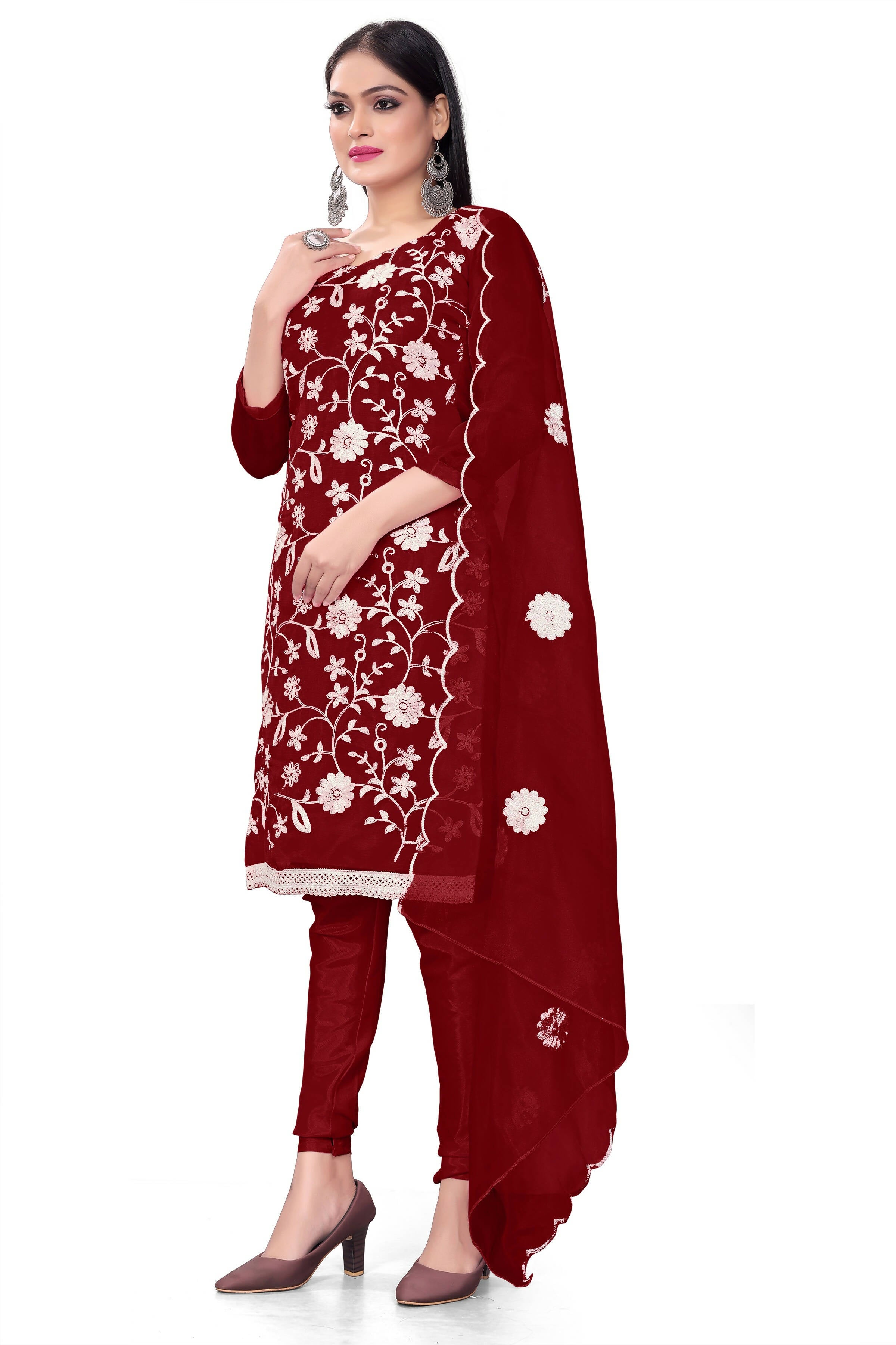 Maroon Organza Silk Embroidered Work Unstitched Dress Material - Tanvi
