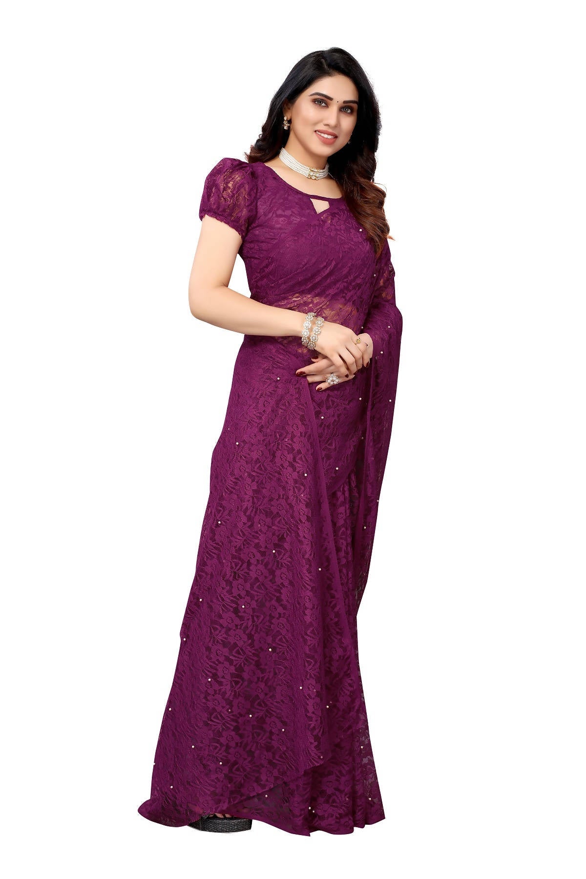 Vamika Ethnic Fire Purple Pearls Net Saree