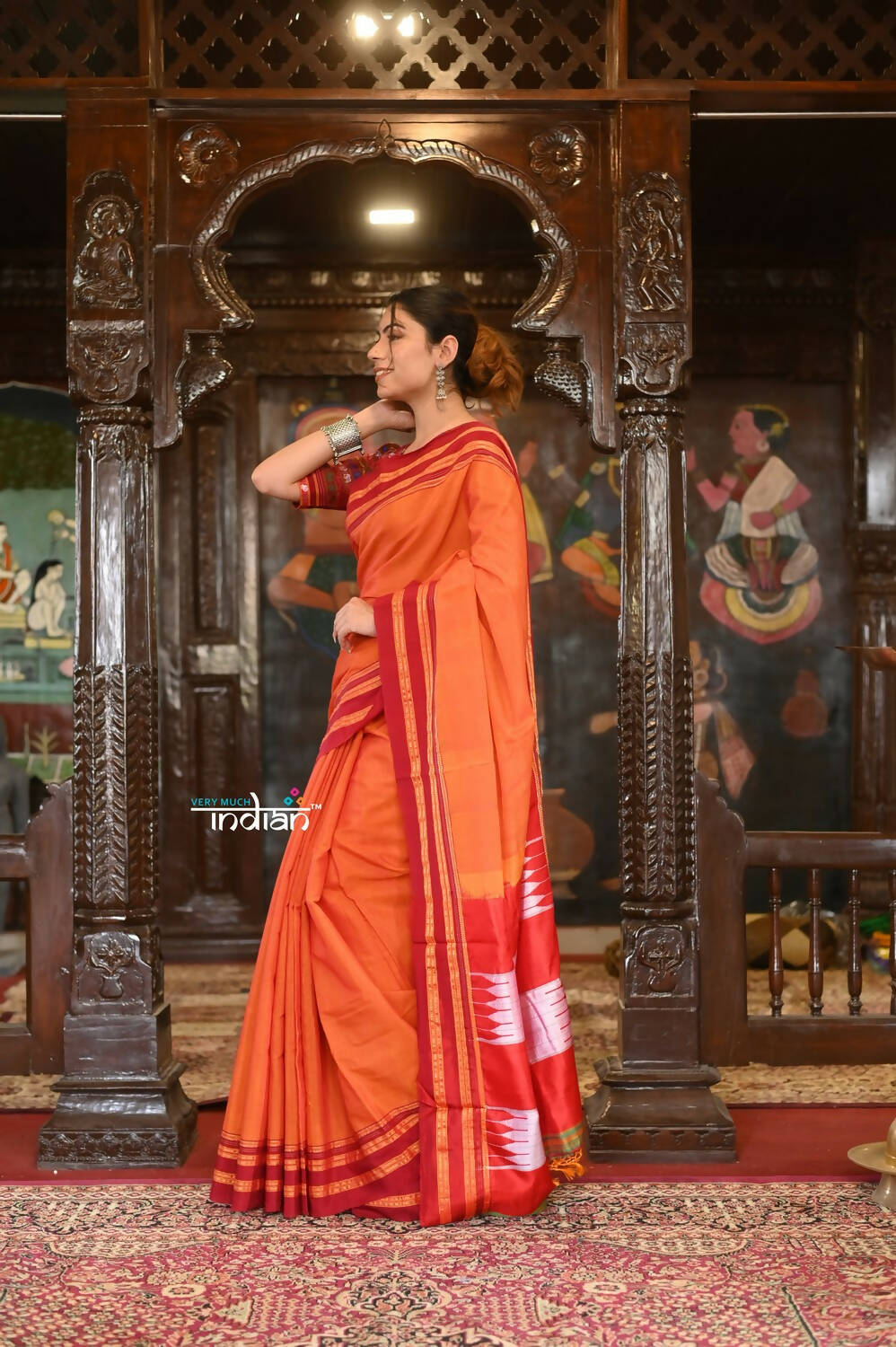 Very Much Indian Handloom Cotton Viscose Ilkal Saree Bright Orange With Red Border