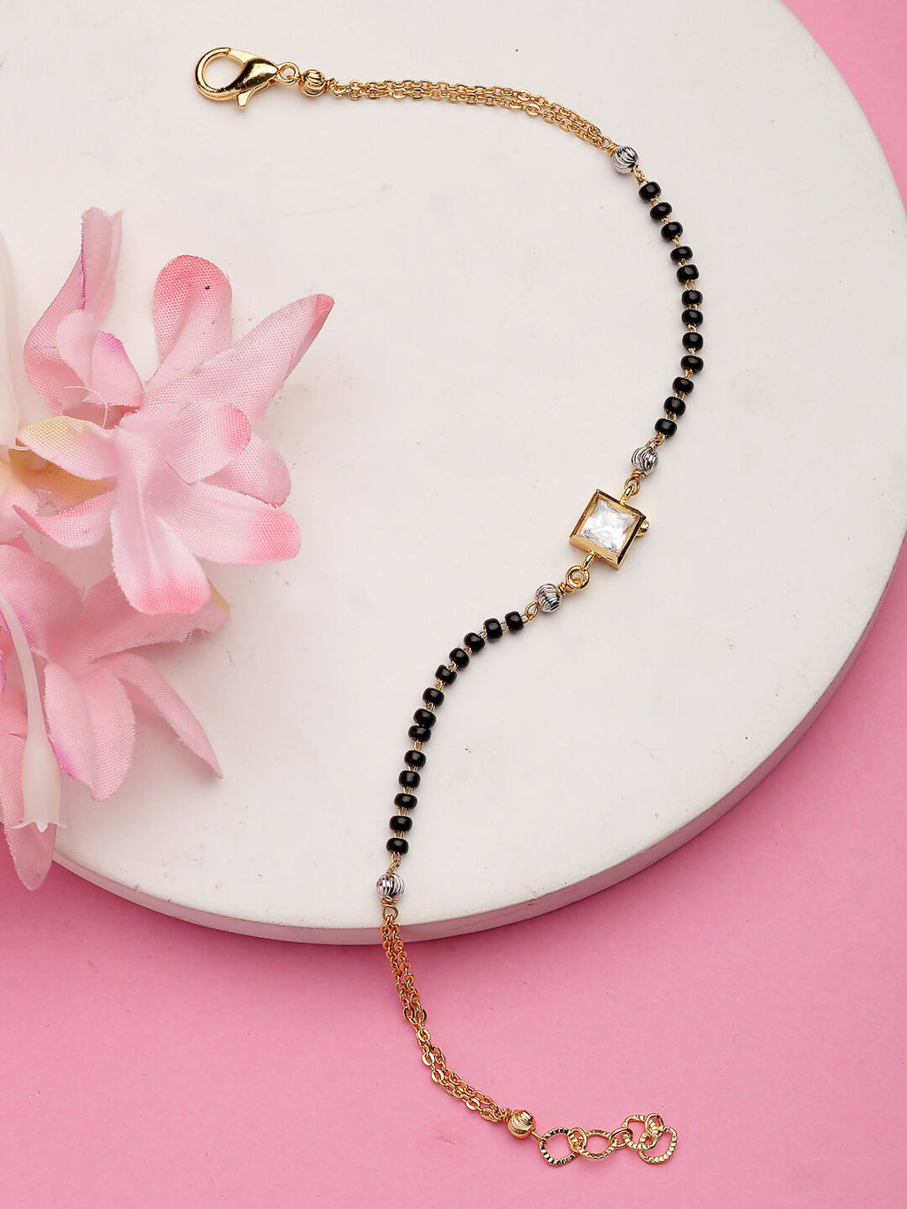 NVR Women Gold-Polished & Black Brass Stone-Studded Hand Mangalsutra Link Bracelet
