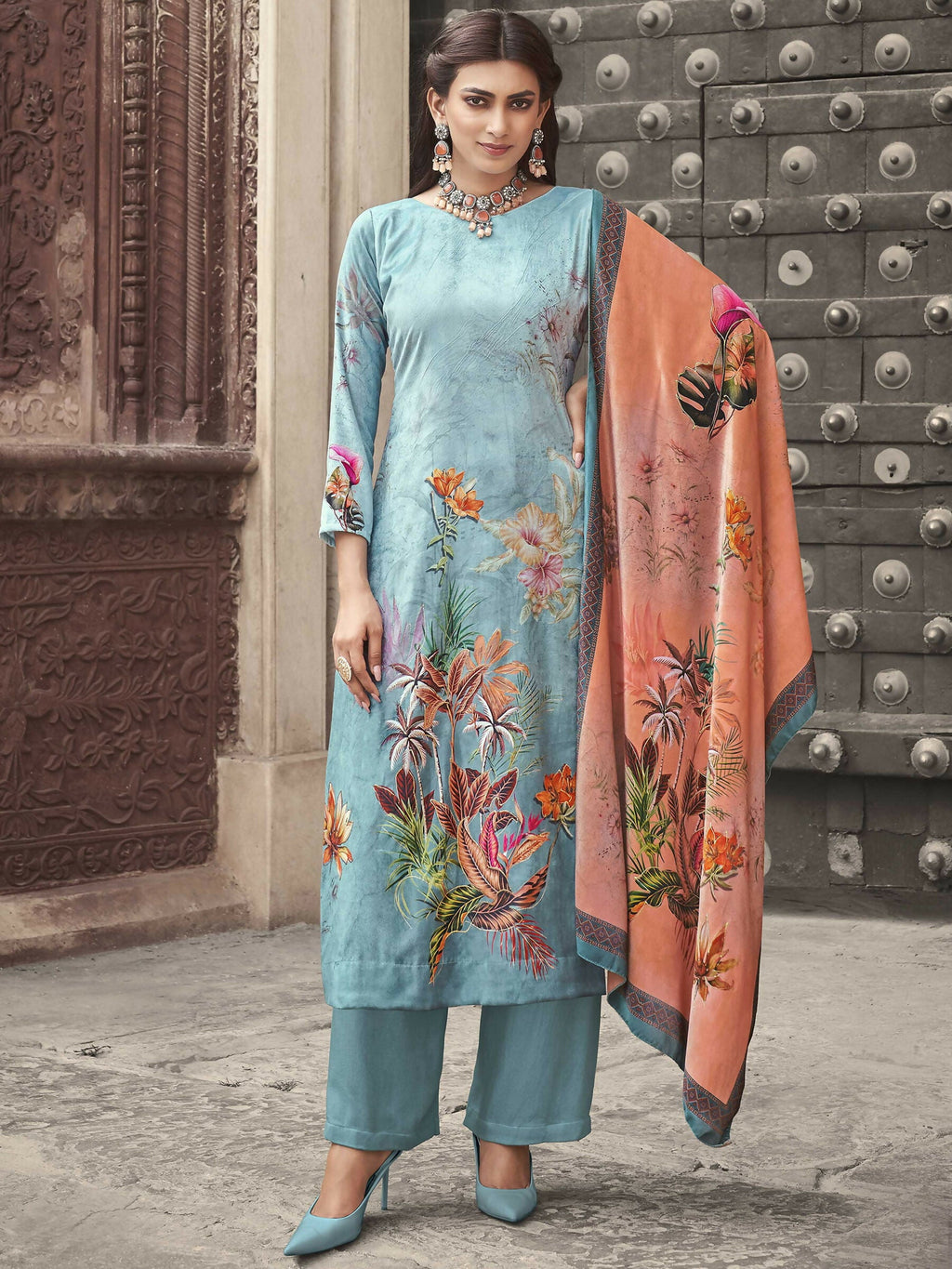 Jyoti Fashion Women's Sky Blue Velvet Floral Digital Printed Kurta with Trouser & Dupatta
