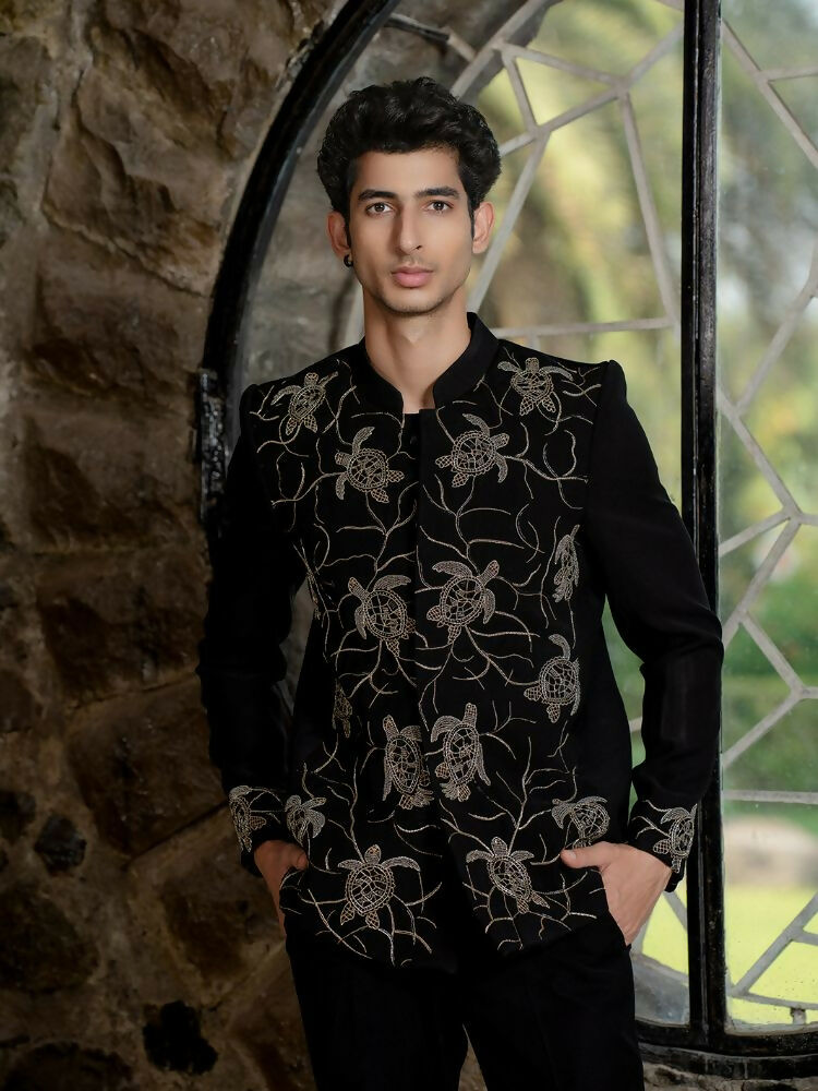 Classic Black Bandhgala Ensemble – Tortoise Embroidery by Hilo Design
