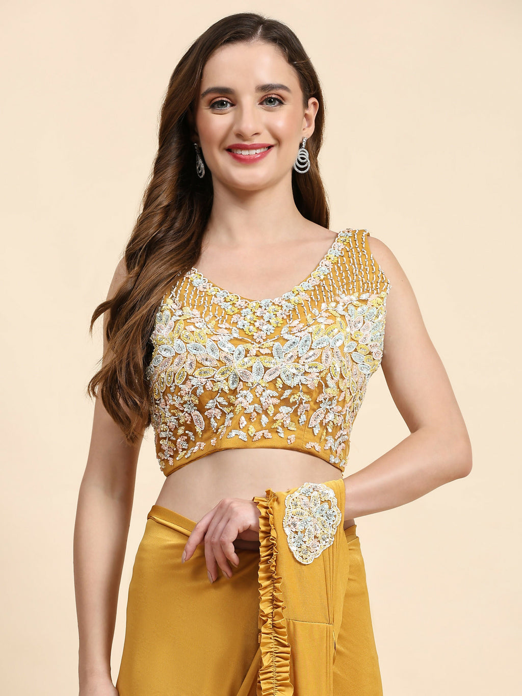 Yellow Lycra Solid Ready to wear Saree with stitched Blouse - Vanita