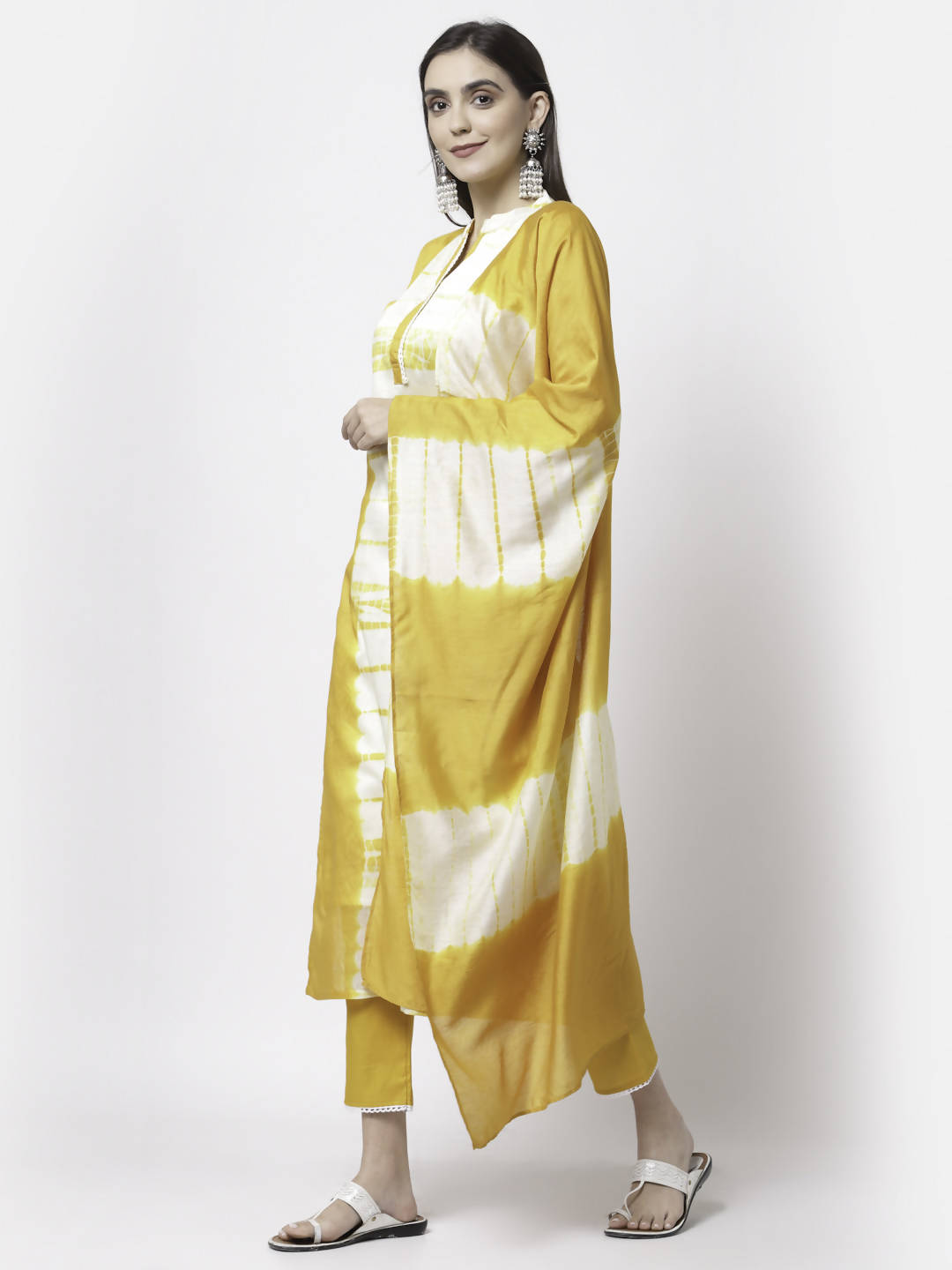 Myshka Women Yellow Viscose Printed 3/4 Sleeve Round Neck Kurta Pant Dupatta Set