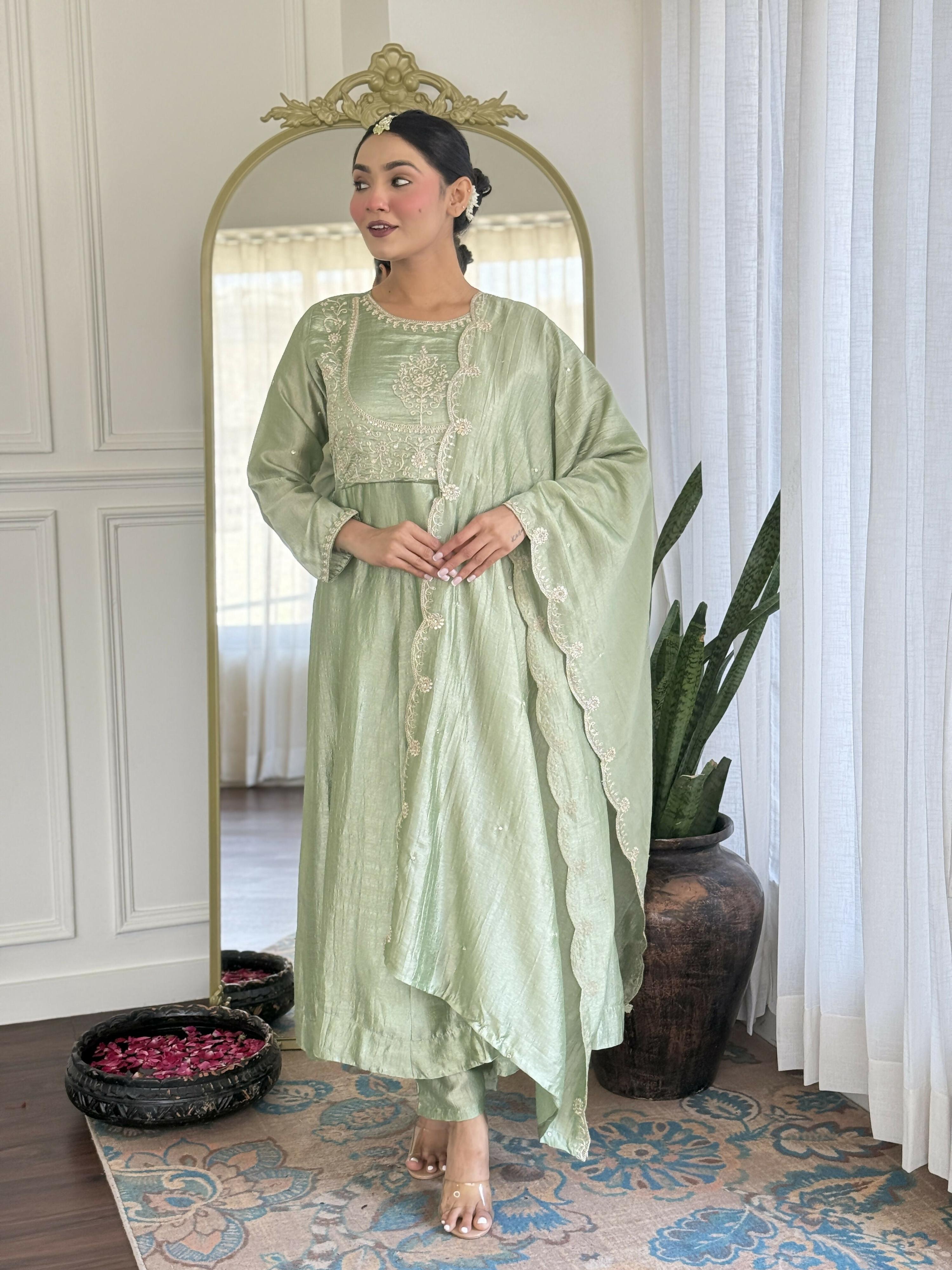 The52 Pista Women's Gorgeous Embroidered Vichitra Silk Fabric Flared Kurta Pant with Dupatta Set