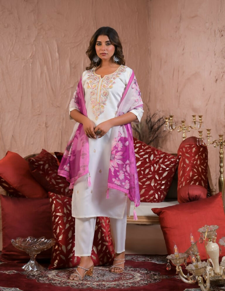 Ethnic Festive Wear Viscose Chanderi White Stitched Suit With Dupatta - Tanisha