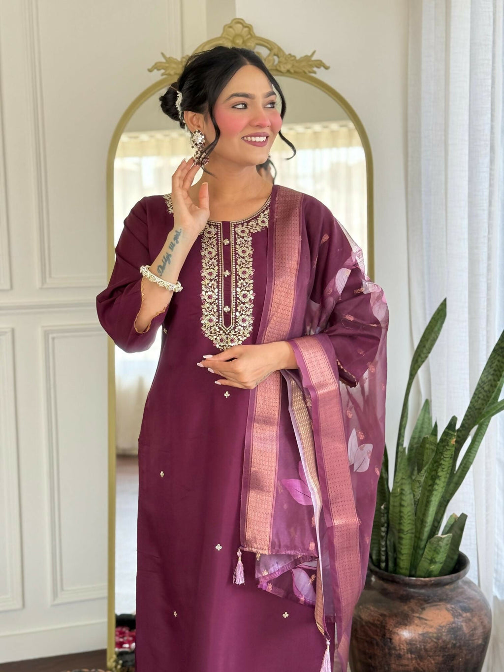 The52 Wine Women's Gorgeous Rayon Fabric Embroidered Work Straight Kurta Pant and Dupatta Set