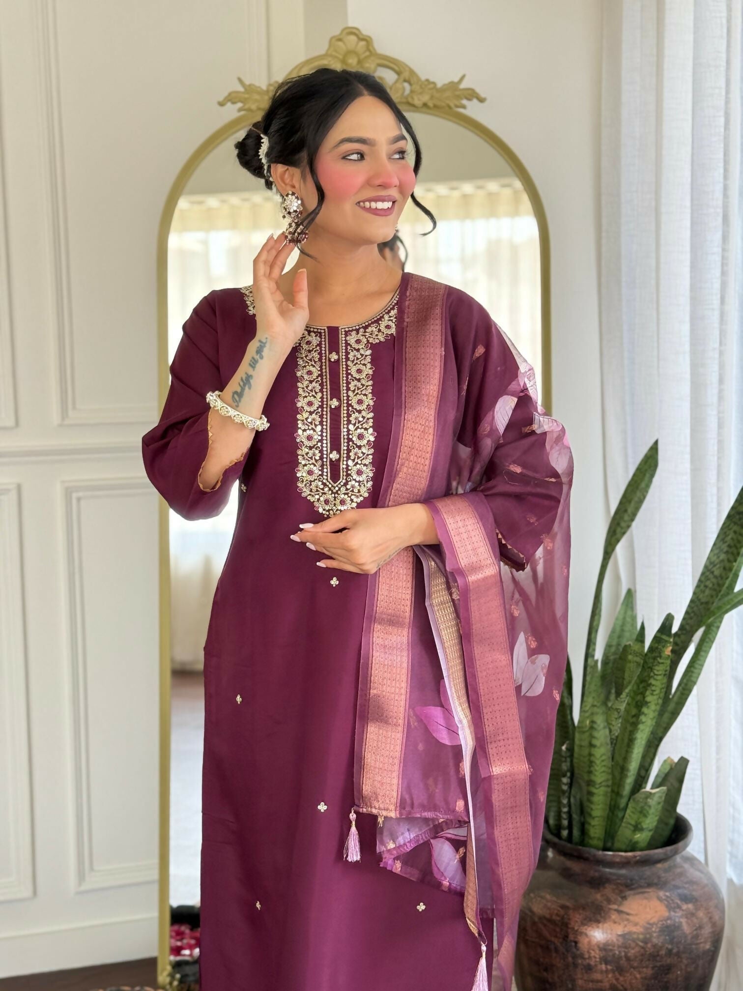The52 Wine Women's Gorgeous Rayon Fabric Embroidered Work Straight Kurta Pant and Dupatta Set