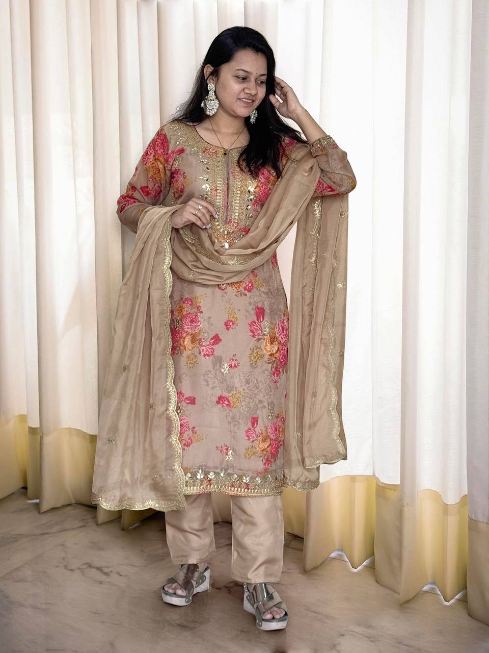 Prazu Fashion Beige Organza Embroidery Coding Sequin Salwar Suit