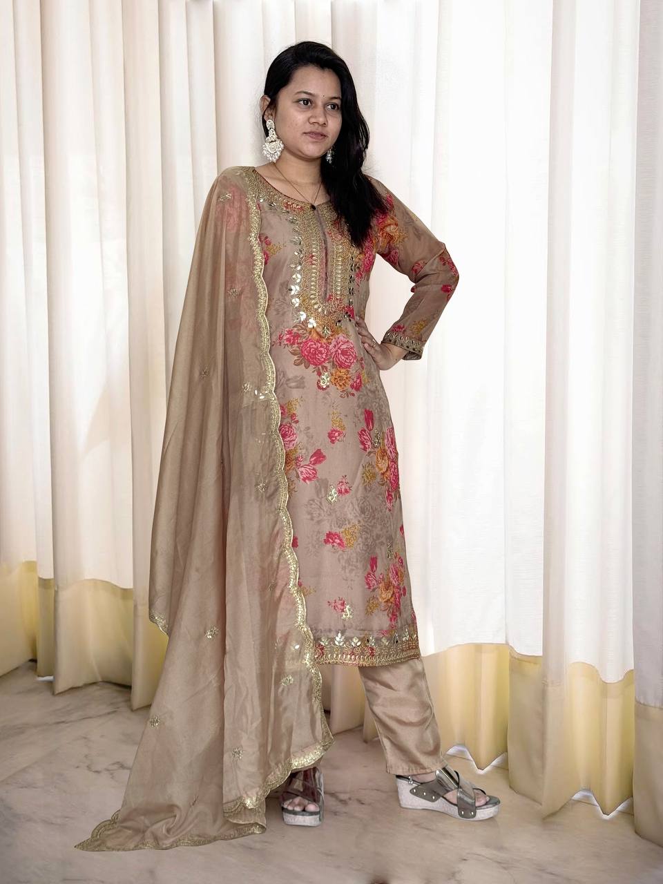 Prazu Fashion Beige Organza Embroidery Coding Sequin Salwar Suit