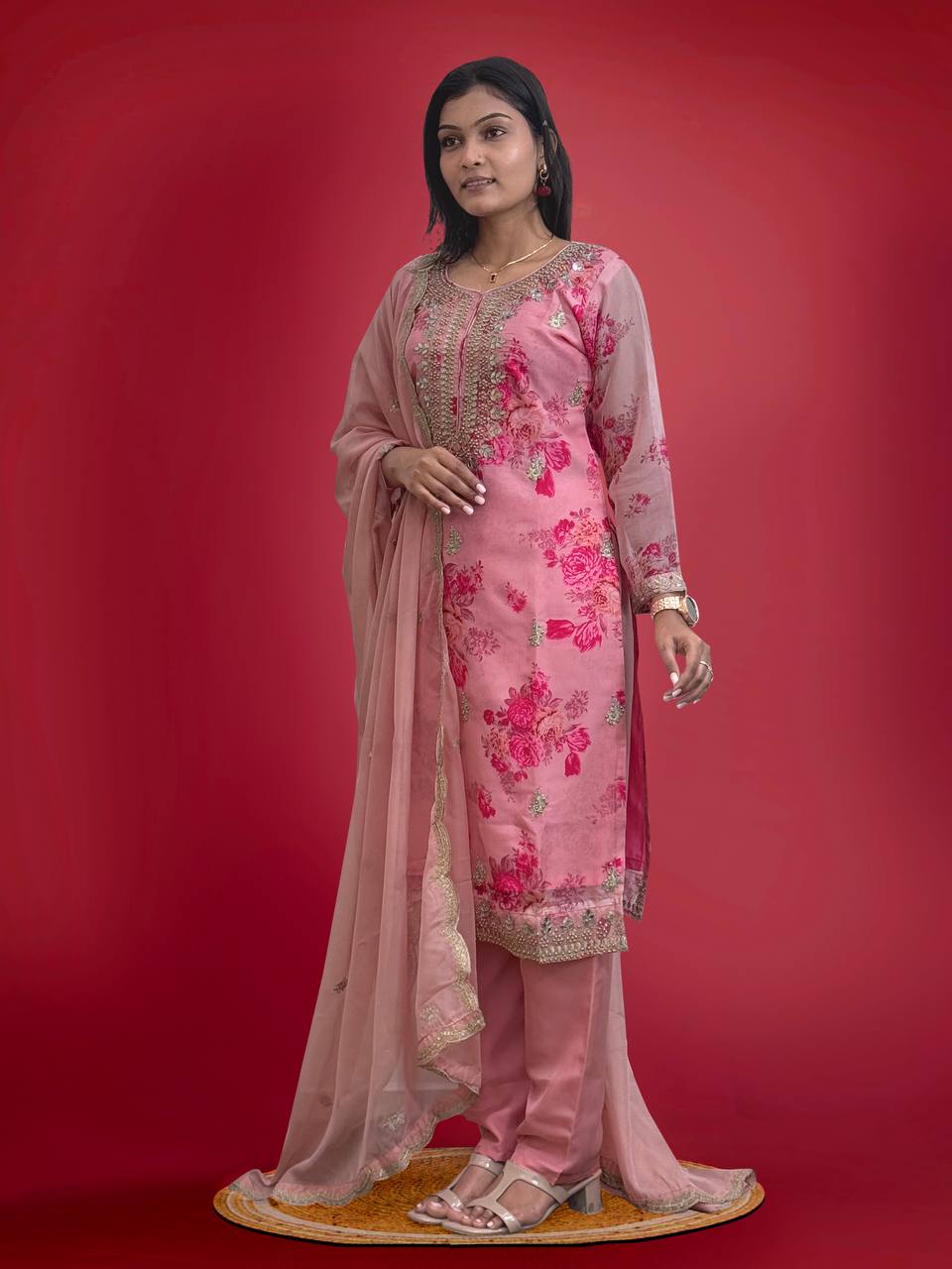 Prazu Fashion Peach Organza Embroidery Coding Sequin Salwar Suit