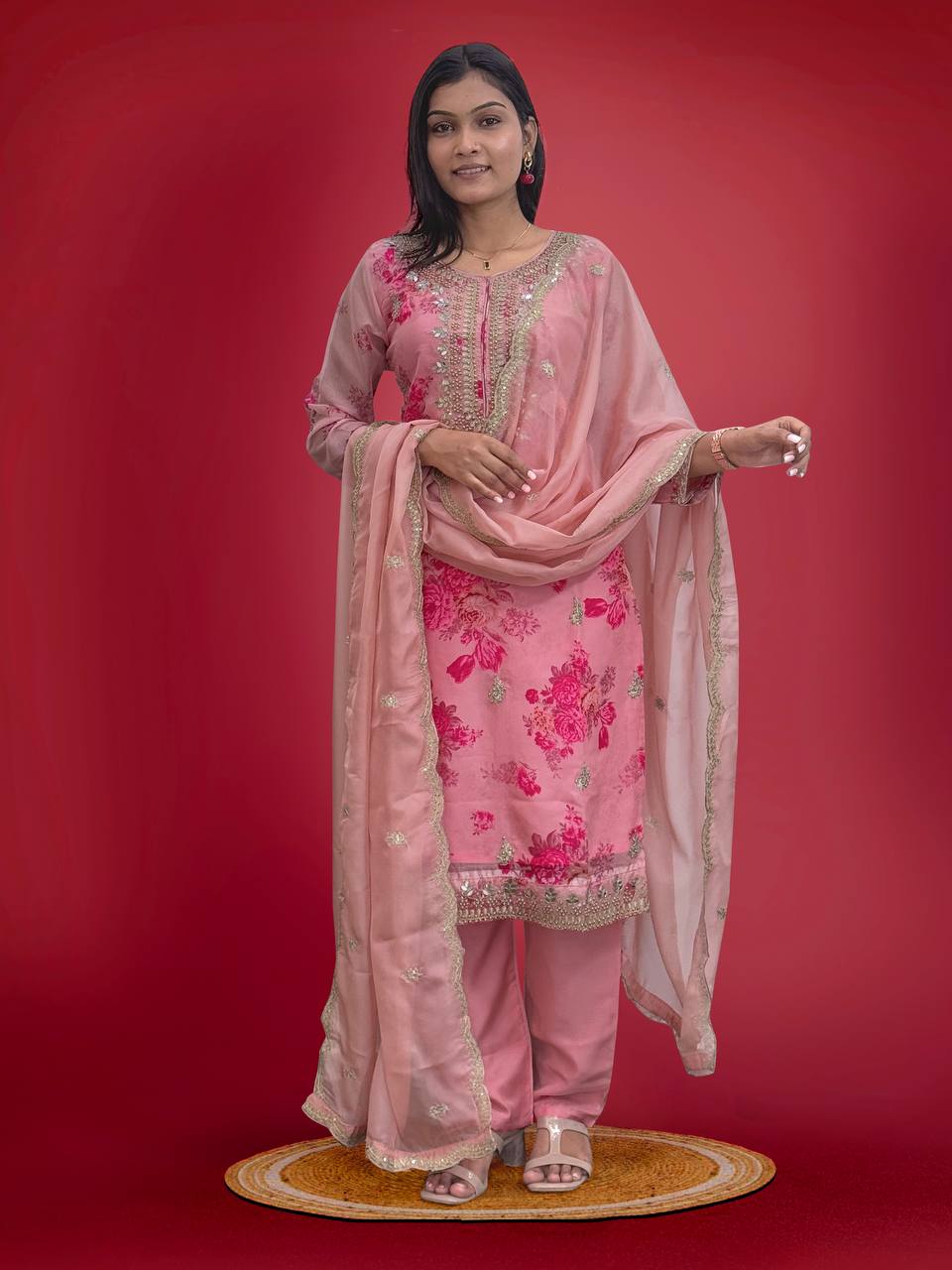 Prazu Fashion Peach Organza Embroidery Coding Sequin Salwar Suit