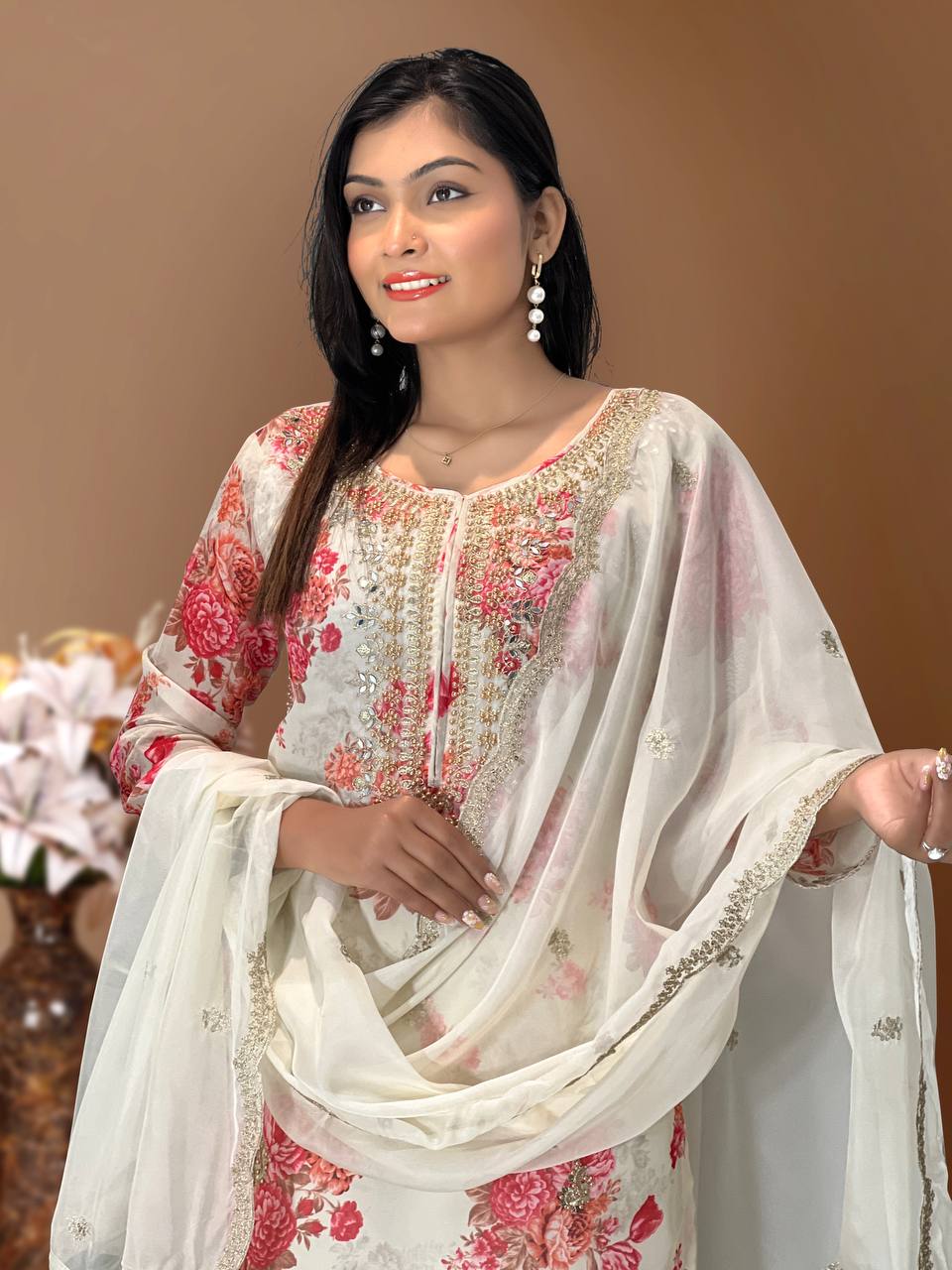 Prazu Fashion White Organza Embroidery Coding Sequin Salwar Suit