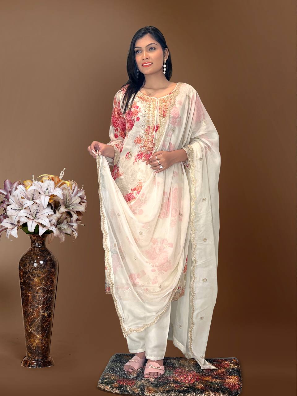 Prazu Fashion White Organza Embroidery Coding Sequin Salwar Suit