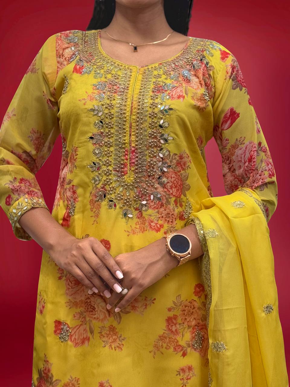 Prazu Fashion Yellow Organza Embroidery Coding Sequin Salwar Suit
