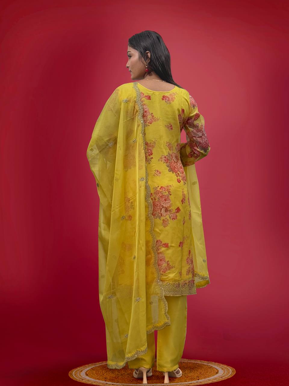 Prazu Fashion Yellow Organza Embroidery Coding Sequin Salwar Suit