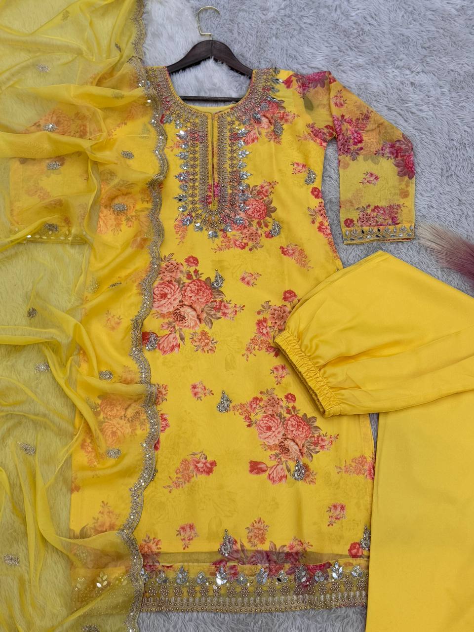 Prazu Fashion Yellow Organza Embroidery Coding Sequin Salwar Suit