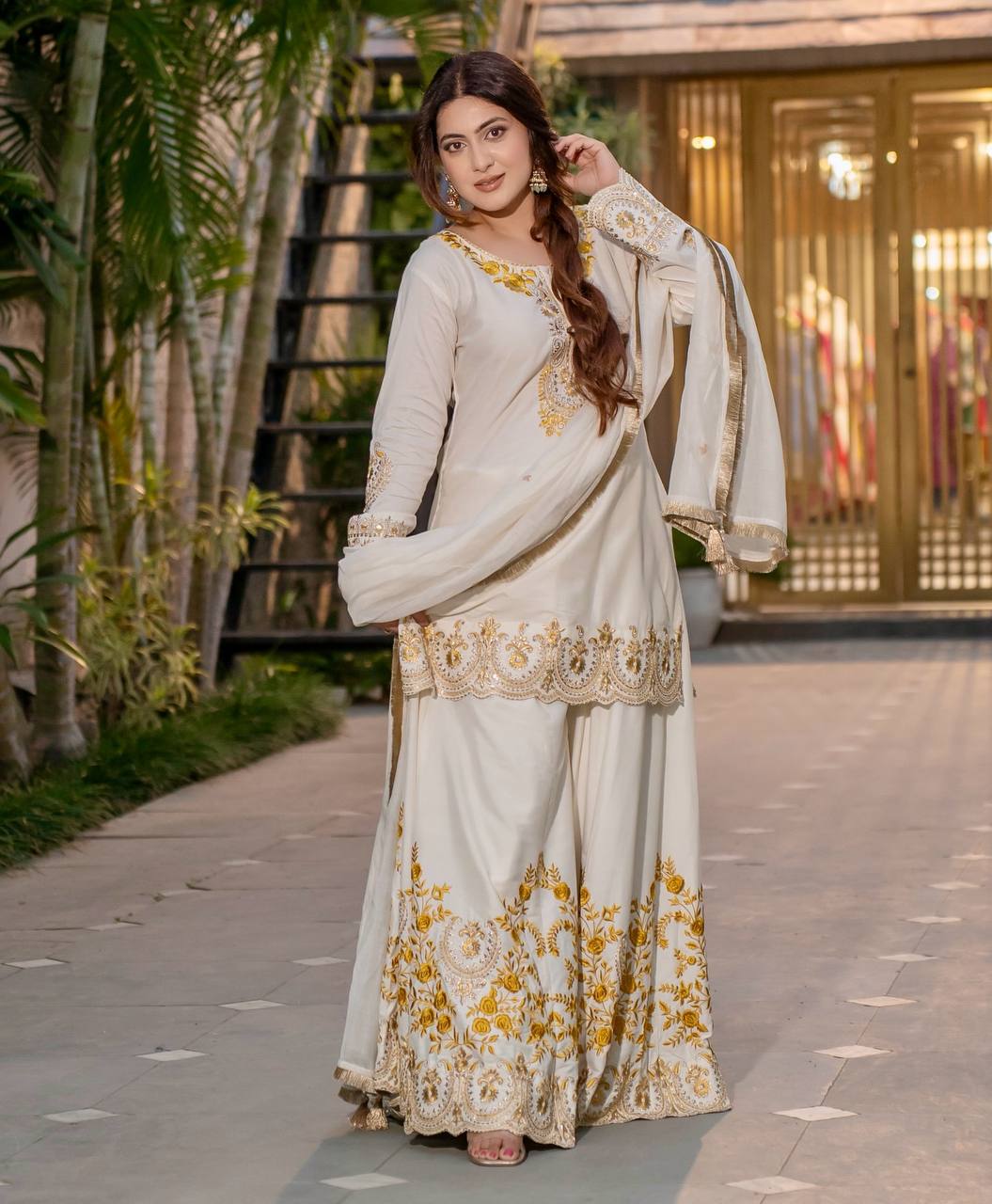 Prazu Fashion White French Crepe Thread Embroidered Palazzo Suit