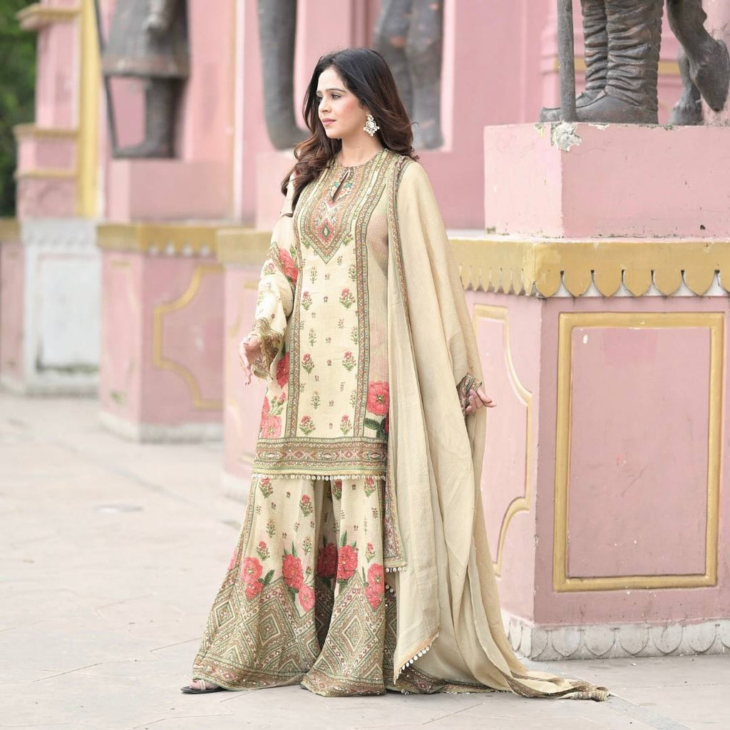 Prazu Fashion Cream Chinon Silk Digital Print Sharara Suit