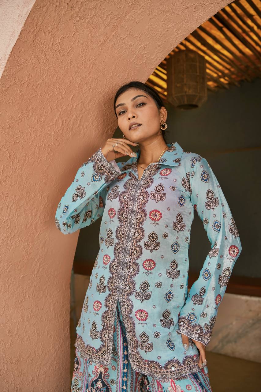 Prazu Fashion Sky Blue Chinon Silk Digital Printed Palazzo Suit